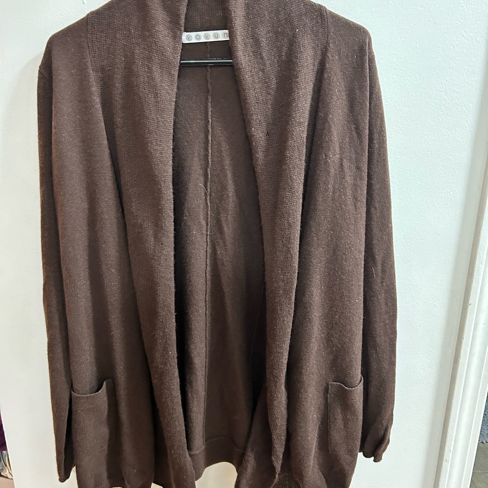 Kokun 100% Cashmere Open Front Cardigan Sweater Brown Shawl Collar Small
